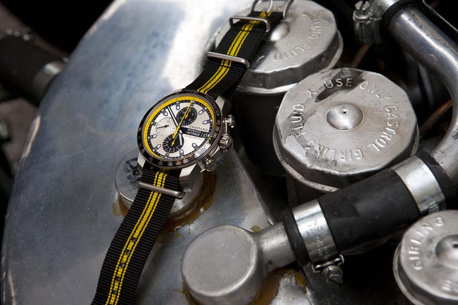 COSC-certified, the new Chopard Grand Prix Monaco Historique Chrono in titanium and stainless steel comes with racy yellow details on the tachymetre.