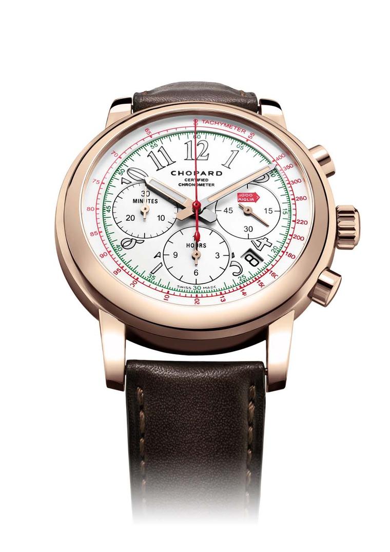 The 2014 Chopard Mille Miglia Chronograph watch in rose gold honours the Italian race by incorporating the colours of the Italian flag with green, white and red details on the dial.