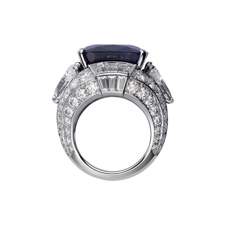 The 29ct cushion-shaped Kashmir sapphire set into Cartier's Bleu-Bleuet ring, from the Royal collection, is flanked by two triangular-shaped diamonds at just over 2ct each.