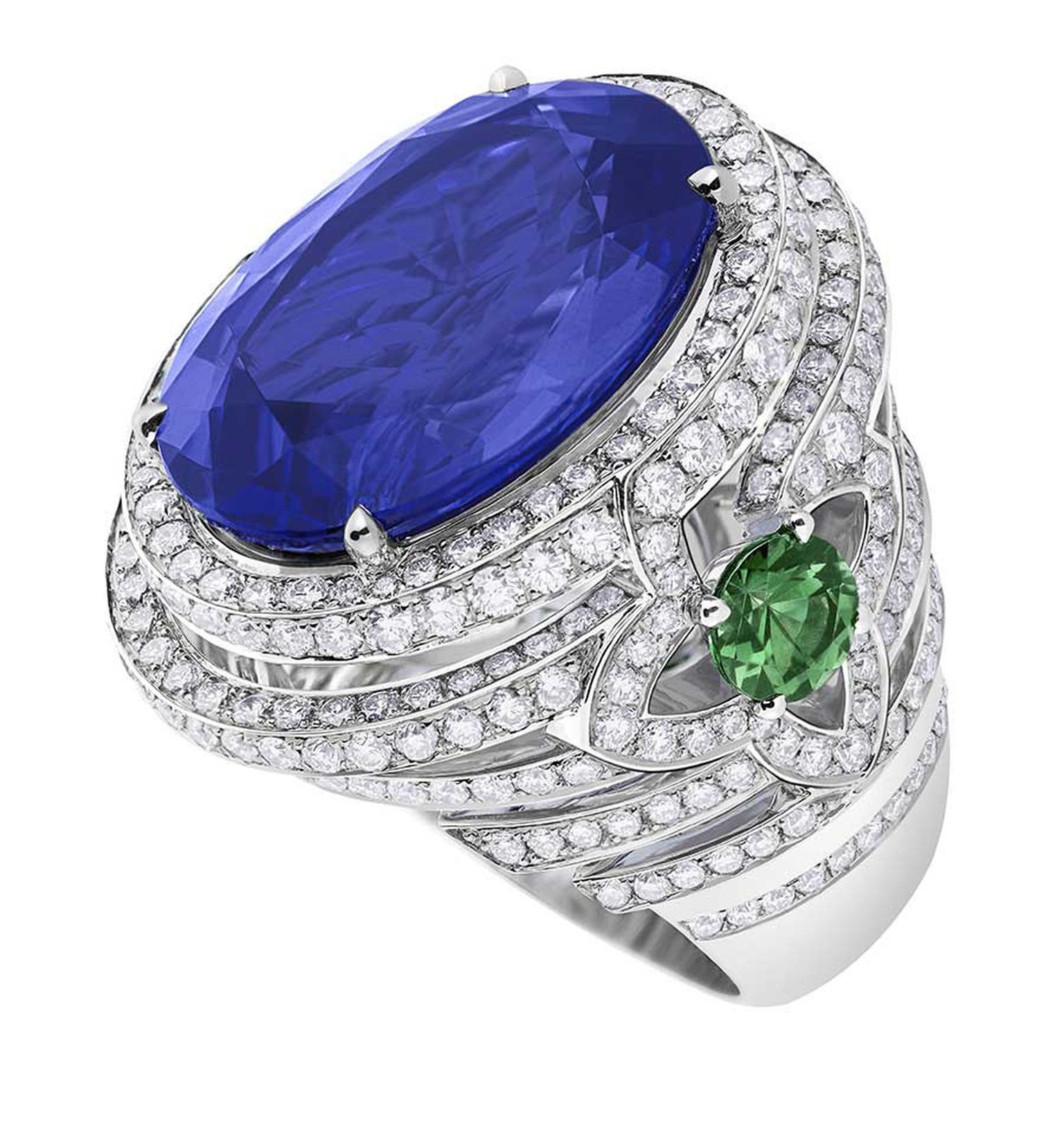 Orangerie des Tuileries ring from the Escale á Paris collection of jewels by Louis Vuitton, featuring a large central tanzanite, green tsavorites and diamonds.