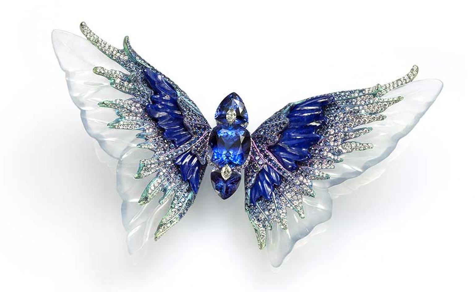 Wallace Chan's Whimsical Blue brooch, from the Fluttery series, features three tanzanites set with diamonds, carved icy jadeite, lapis lazuli and sapphires.