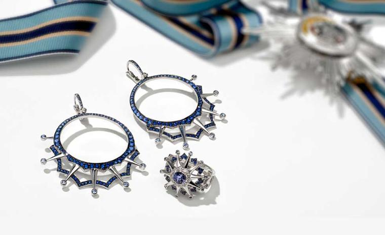 Garrard Star and Garter collection blackened white gold and sapphire drop hoop earrings and white gold ring featuring diamonds, sapphires and tanzanites.