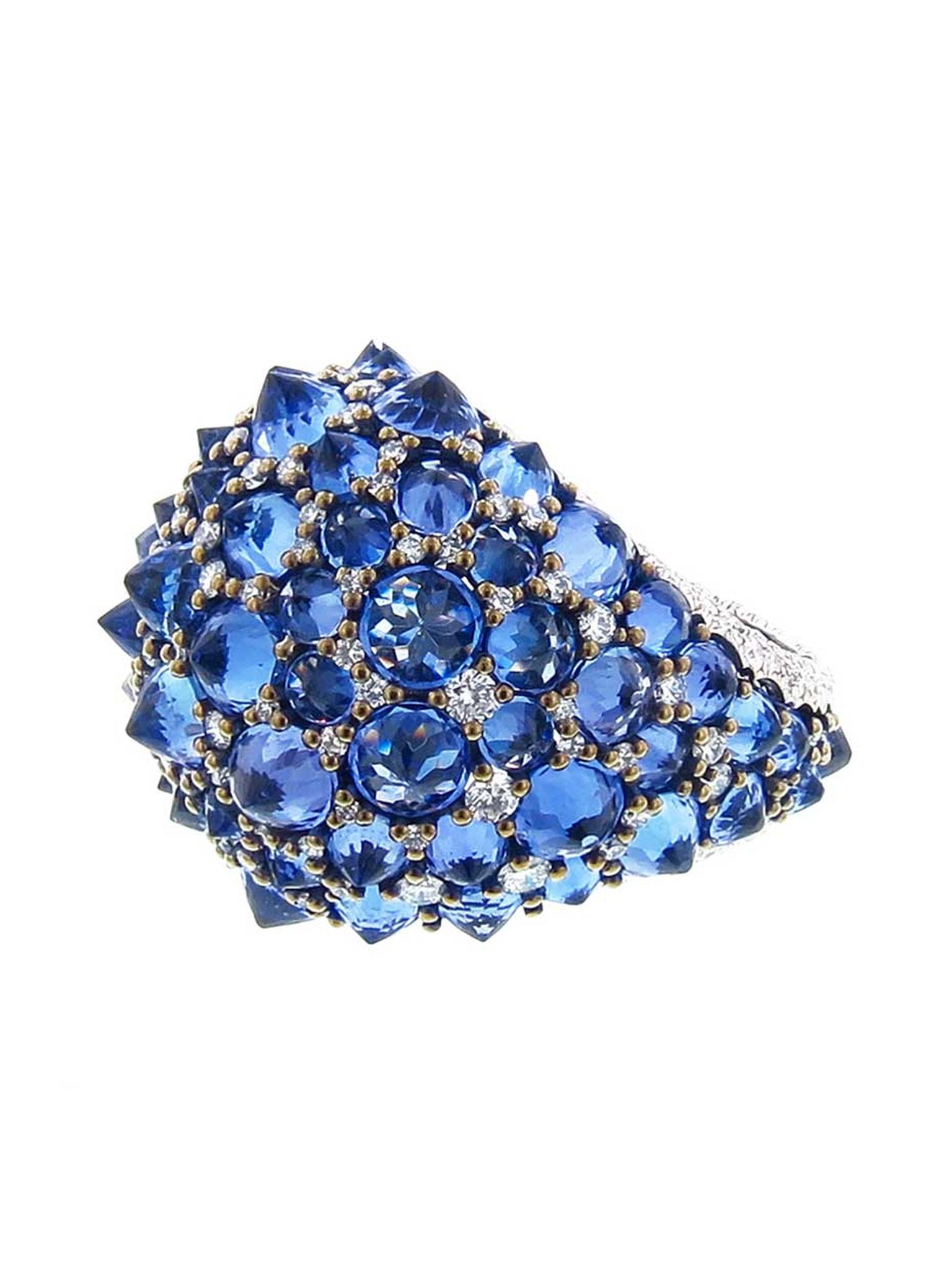 Arunashi handmade reverse tanzanite ring with diamonds. Available at Ylang23.com.