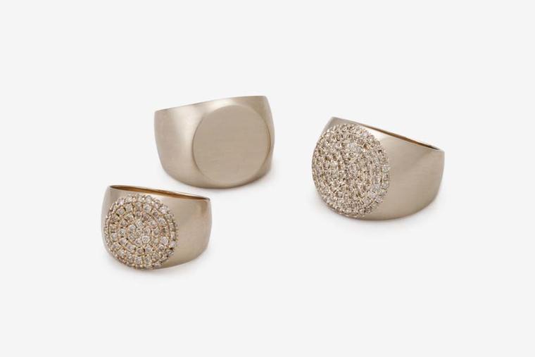 Dina Kamal's PNKYRNG collection of signet rings are available in soft brushed or polished gold and with or without diamonds.