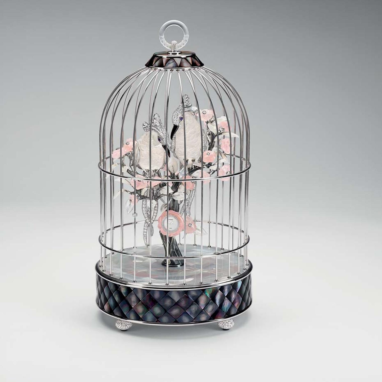 Chanel’s Birdcage combines expertise in watchmaking and jewellery featuring a cockatoo sculpture made with mother-of-pearl marquetry and stone-setting.