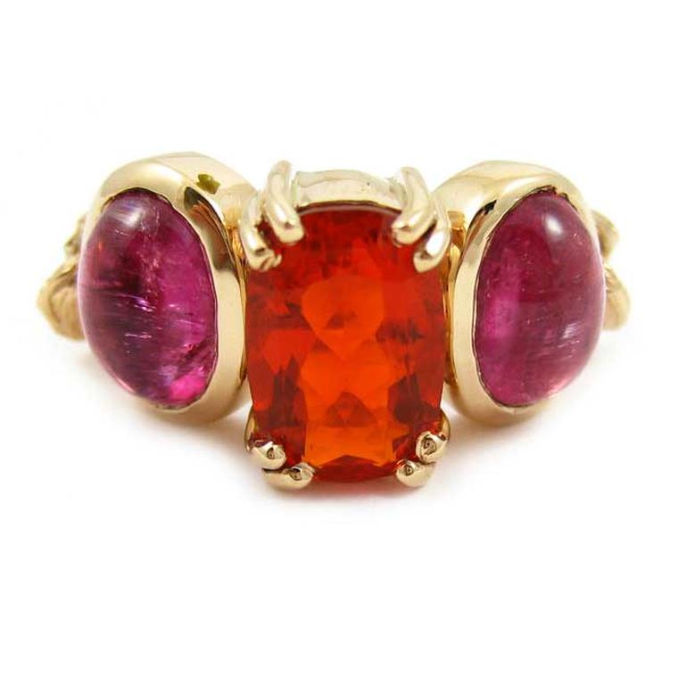 K. Brunini Chains of Love Twig ring in rose gold with Mexican fire opal and pink tourmaline cabochons.