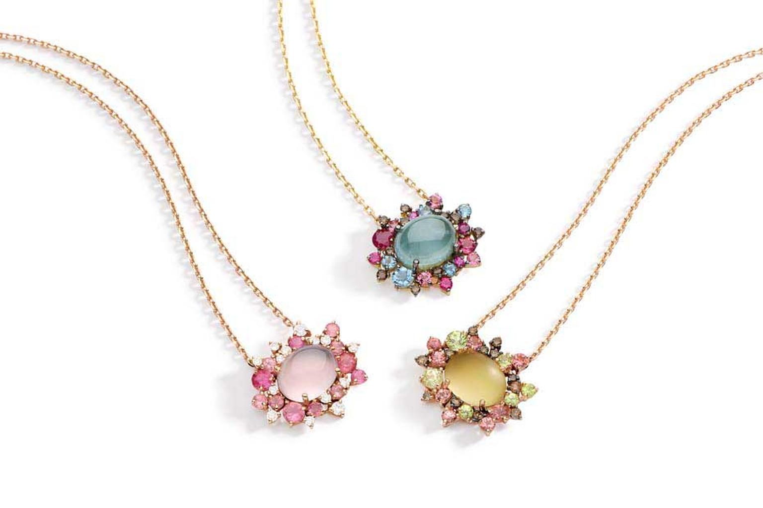 Brumani Baobab collection necklaces in yellow gold features a trio of colour combinations, including round brown and white diamonds, aquamarine, rose, smoky and lemon quartz, ruby, pink tourmaline and mandarin garnet.