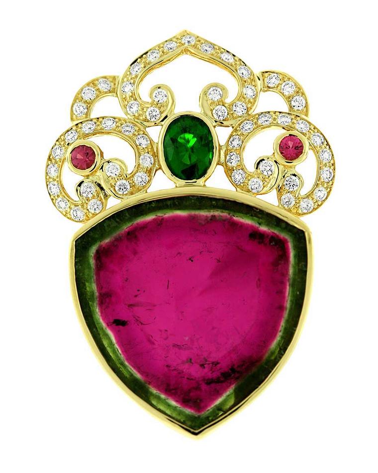 Paula Crevoshay Nature's Heart pendant in gold, with a 51.05ct watermelon tourmaline, tsavorite, pink tourmalines and diamonds.