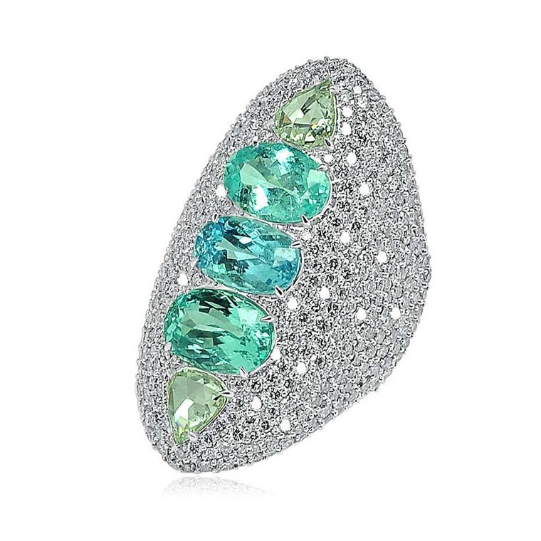 Sutra multi-coloured Paraiba tourmaline ring in white gold with diamonds.