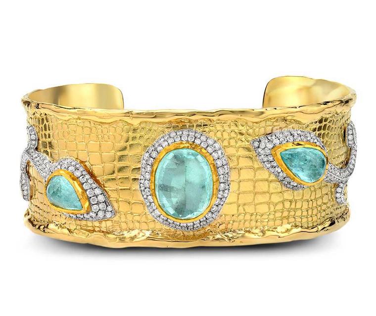 Victor Velyan gold cuff with Paraiba tourmalines and diamonds.