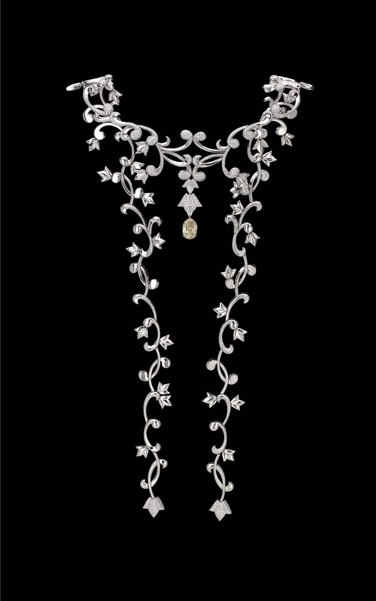 Mellerio dits Meller Secrets de Lys platinum necklace featuring a large oval yellow diamond weighing 11.56ct in the central corsage.