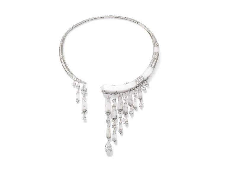 Chaumet Lumieres d’Eau high jewellery necklace in white gold and platinum, set with frosted rock crystal and over 9ct of diamonds.