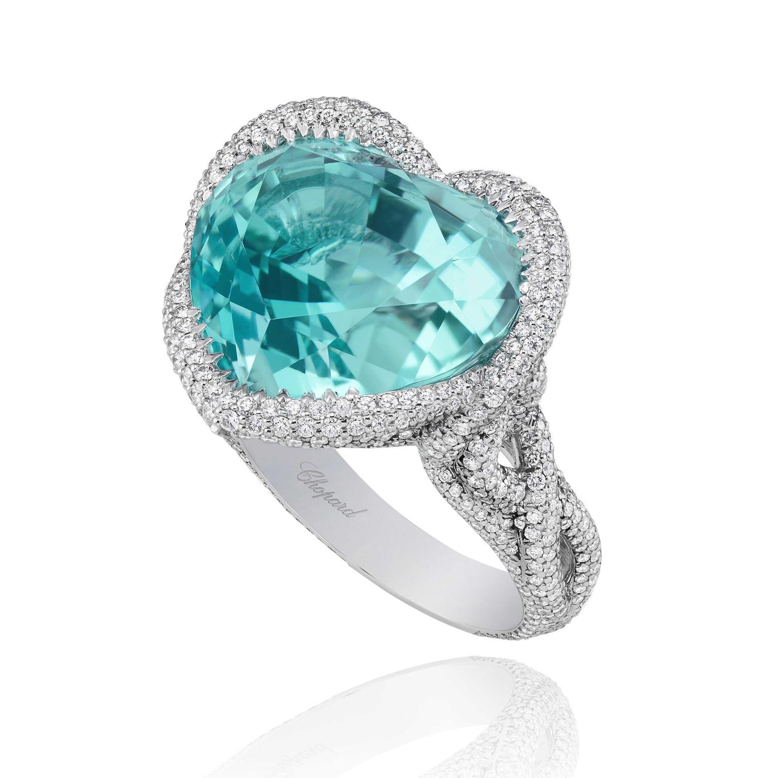 A bright, attention-seeking heart-shaped Paraiba tourmaline is the centrepiece of this ring from Chopard's 2013 Red Carpet collection.