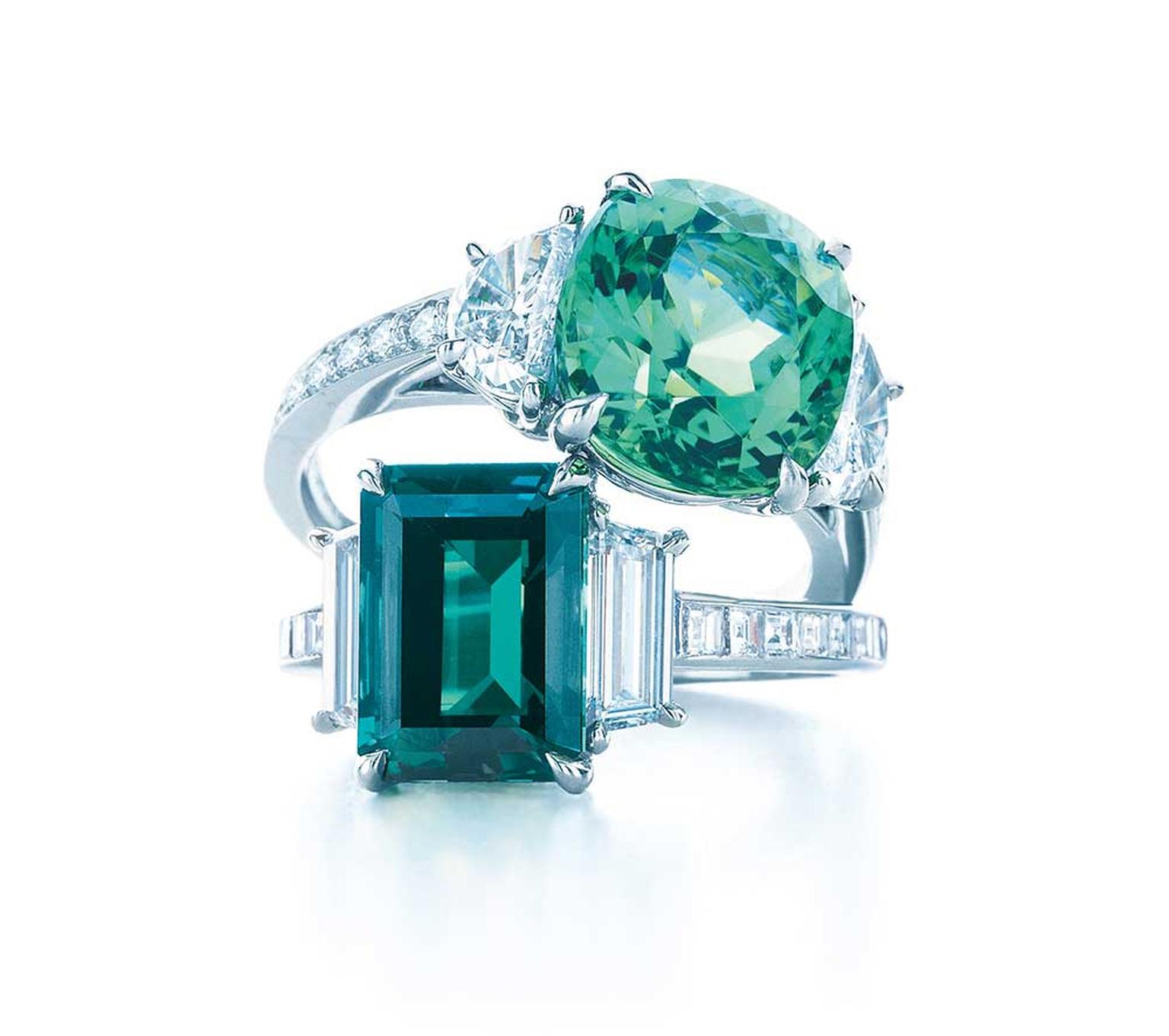 Tiffany & Co diamond and gemstone rings in platinum, set with a cushion-cut green cuprian elbaite tourmaline, above, and emerald-cut alexandrite, below.