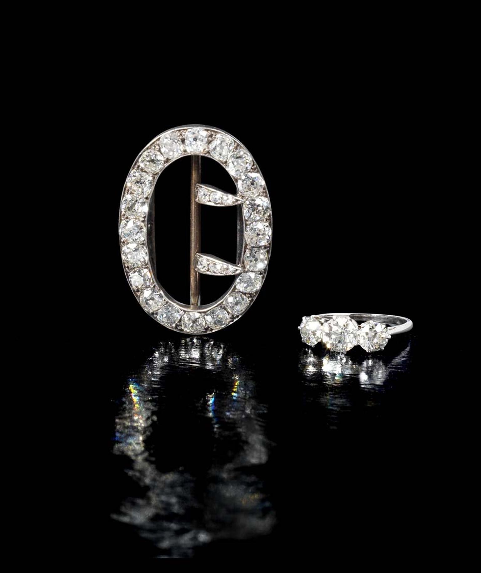 The contents of Agatha Christie's trunk, included a three stone brilliant-cut diamond ring and a diamond brooch in the shape of a buckle, will be auctioned by Bonhams London on 8 October 2014. Bids for the brooch will start at £6,000-8,000 and the ring at
