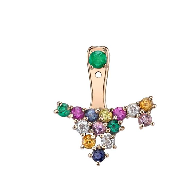 Anita Ko's geometric, multi-coloured gemstone ear jacket is attached like an earring but the stud sits in front of the ear while the “jacket” peeks out from behind the lobe.