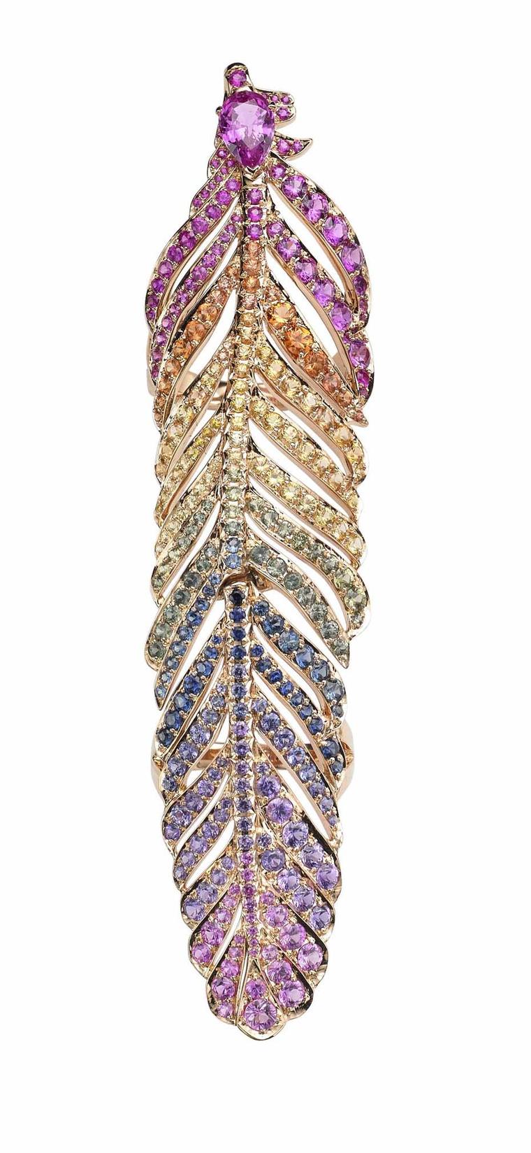 Crow's Nest Rainbow Dream Feather ring in rose gold, set with multi-coloured gemstones.