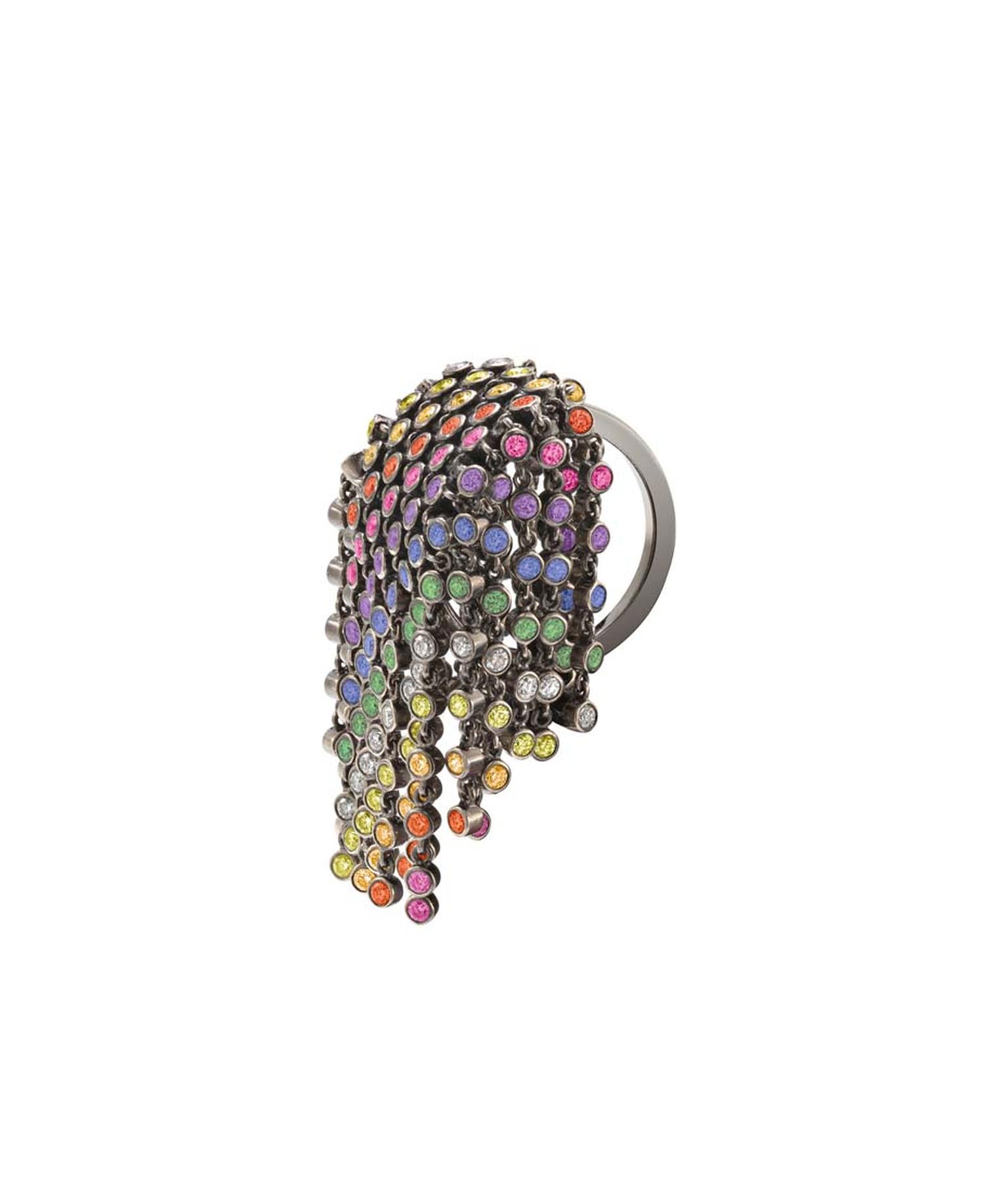 Solange Azagury-Partridge Rainbow Fringe ring with coloured diamonds and sapphires.