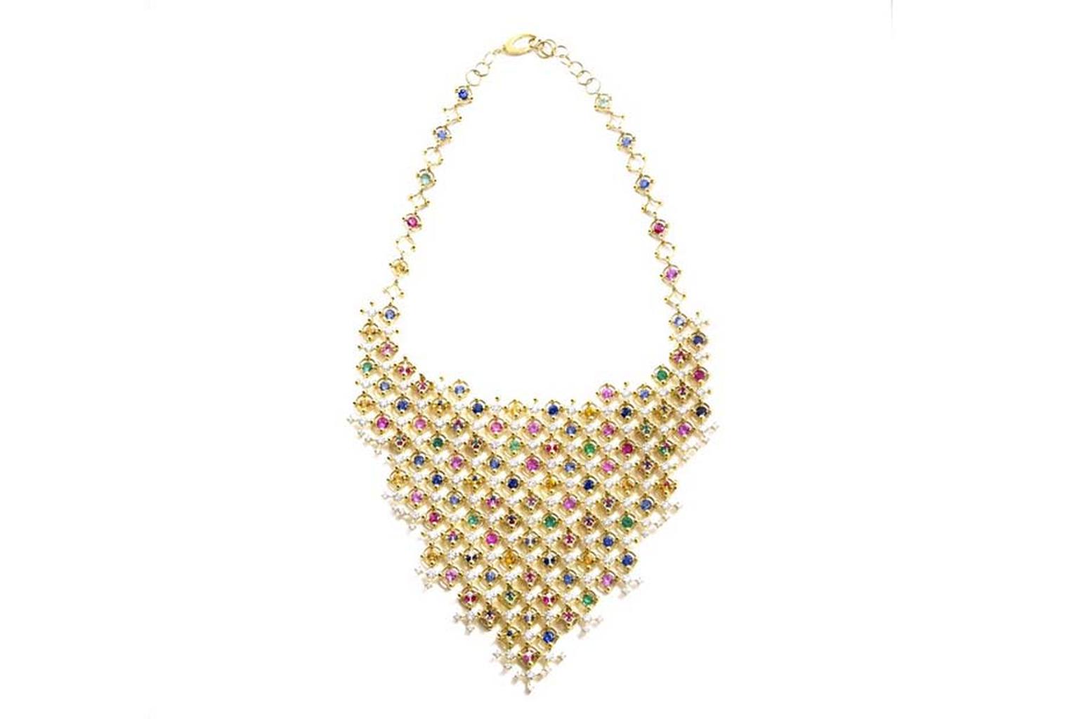 Wilfredo Rosado Bib necklace in gold with emeralds, rubies,