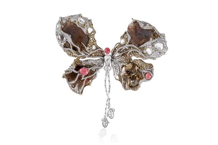 Cindy Chao gold and titanium 2014 Black Label Masterpiece Ballerina Butterfly brooch, designed in collaboration with Sarah Jessica Parker. The brooch features a 26.27ct cushion-cut fancy brown diamond as well as three rough brown diamond slices totalling 