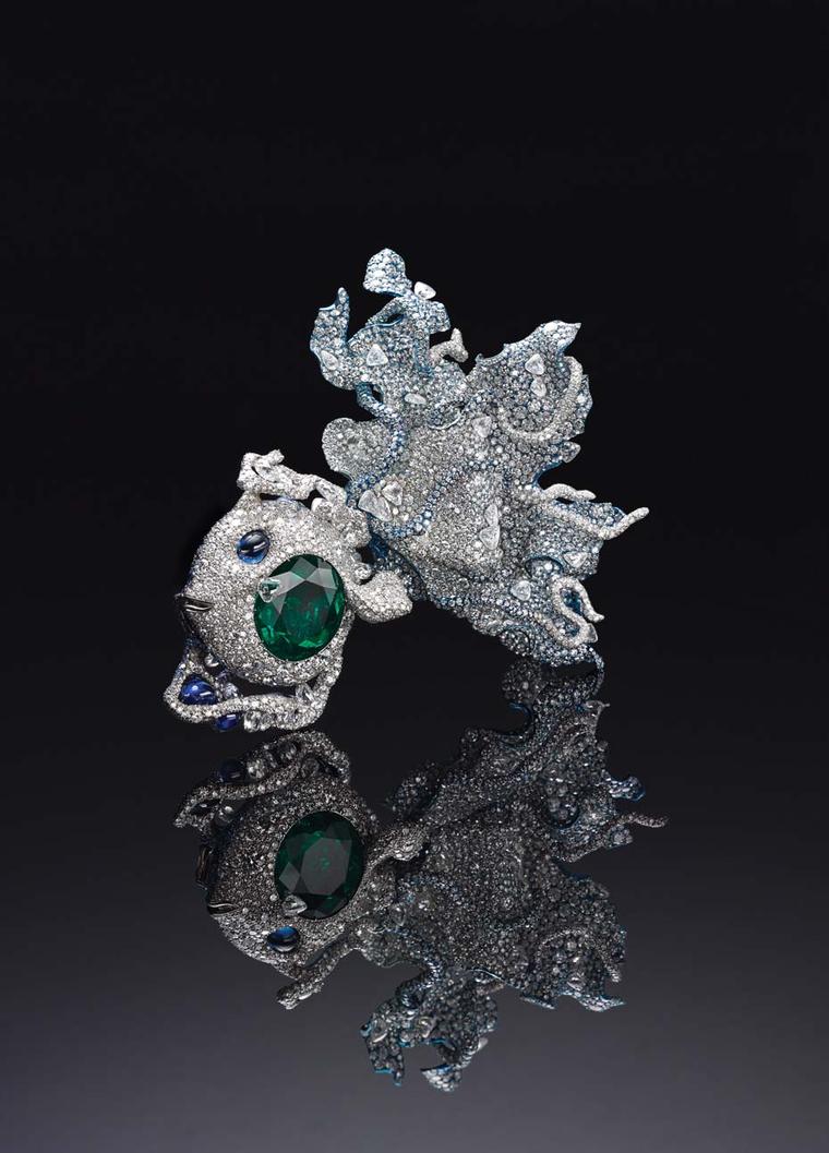 Cindy Chao Black Label Masterpiece Puffer Fish brooch featuring Colombian emerald cheeks and an undulating tail, with 5,000 diamonds set at every angle.