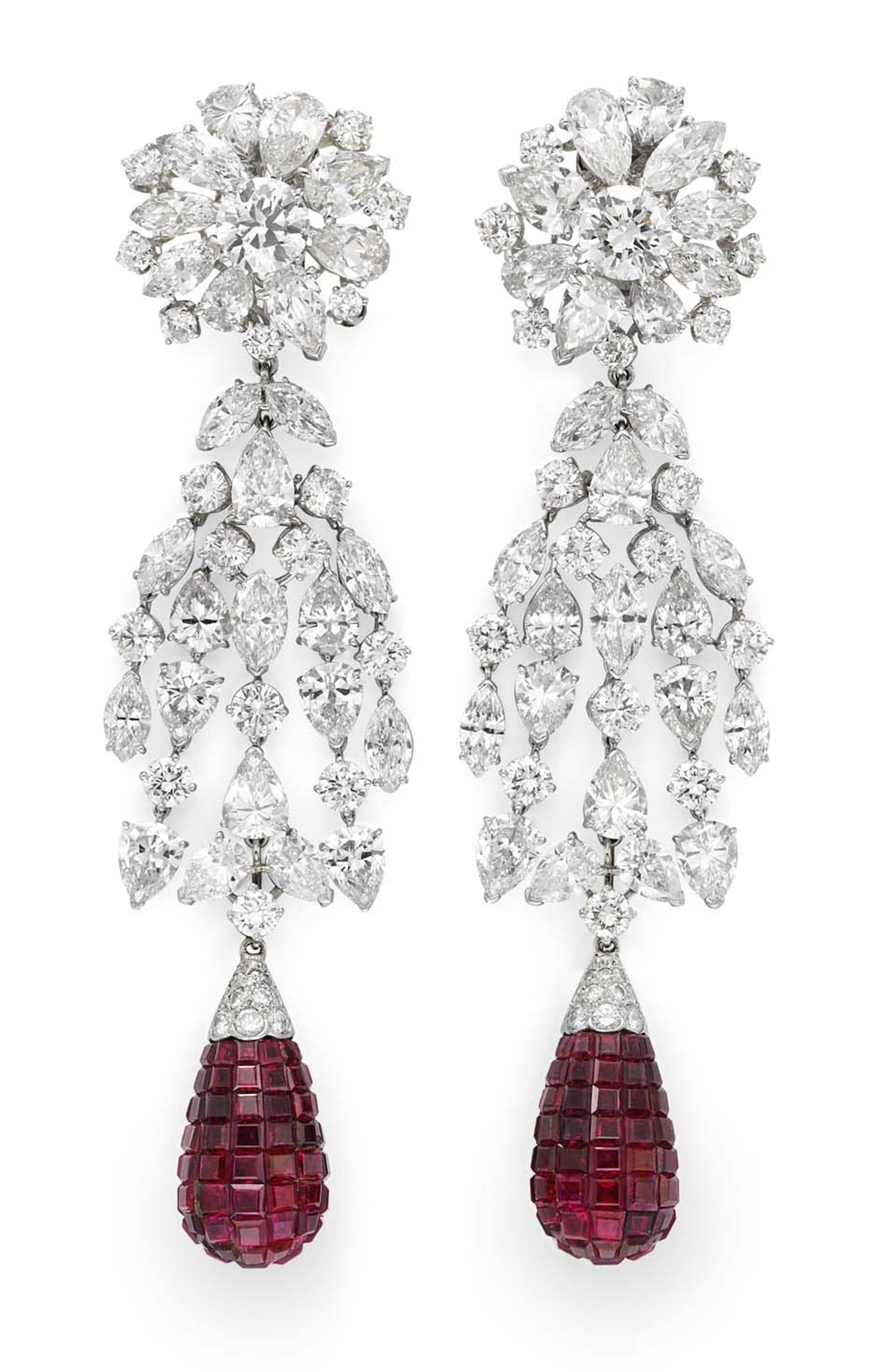 Pair of invisibly set ruby and diamond cascade earrings by Van Cleef & Arpels, available at Simon Teakle.