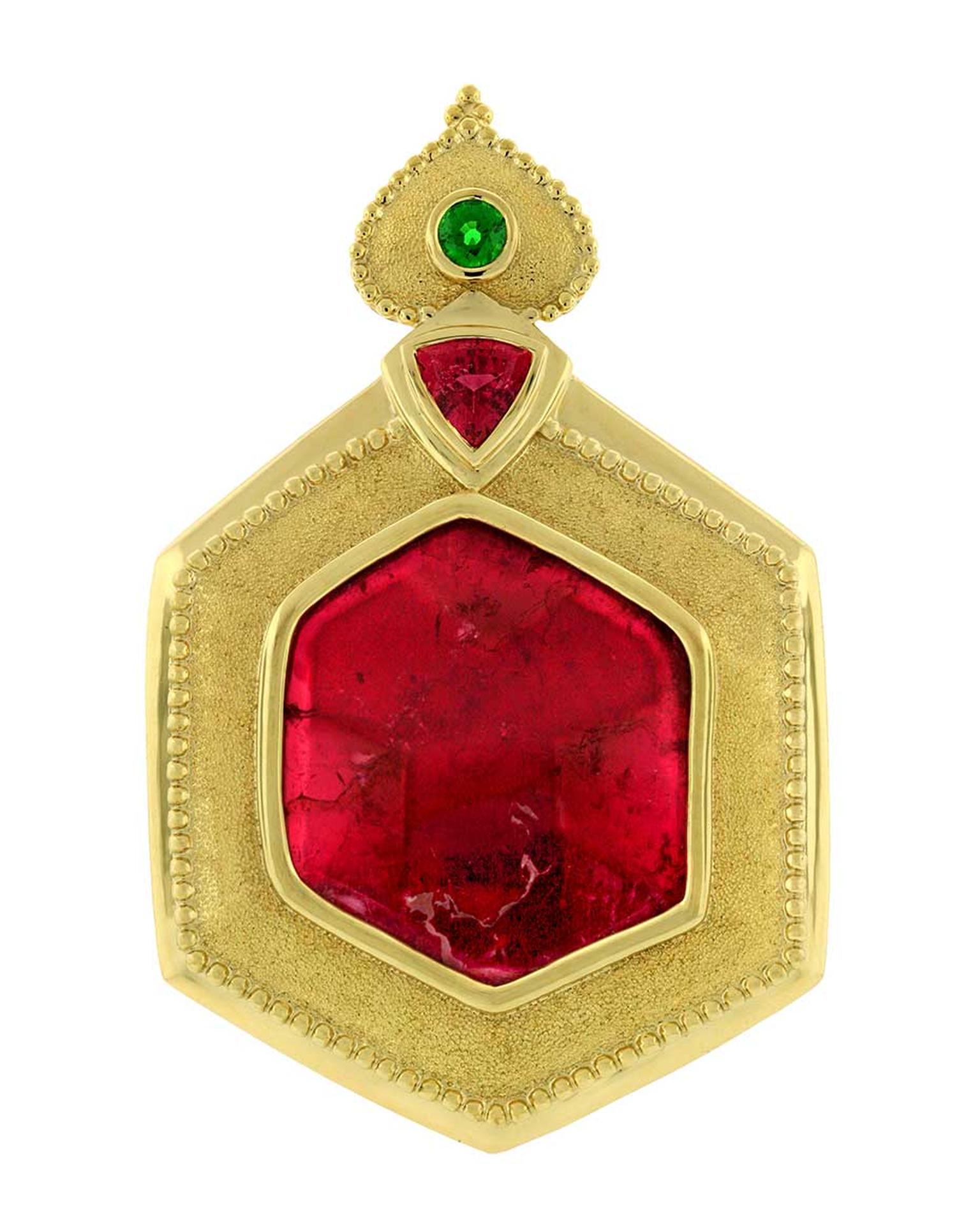 One-of-a-kind Paula Crevoshay pendant in gold, set with a 35.67ct tourmaline, a 1.95ct tourmaline and a tsavorite.