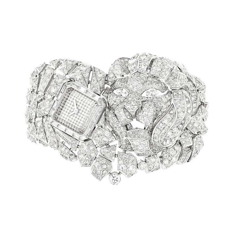 Chanel 'Miol Mosaique' watch in white gold, from the Sous le Signe du Lion collection, set with 1,530 fancy-cut diamonds and two pear-cut diamonds.