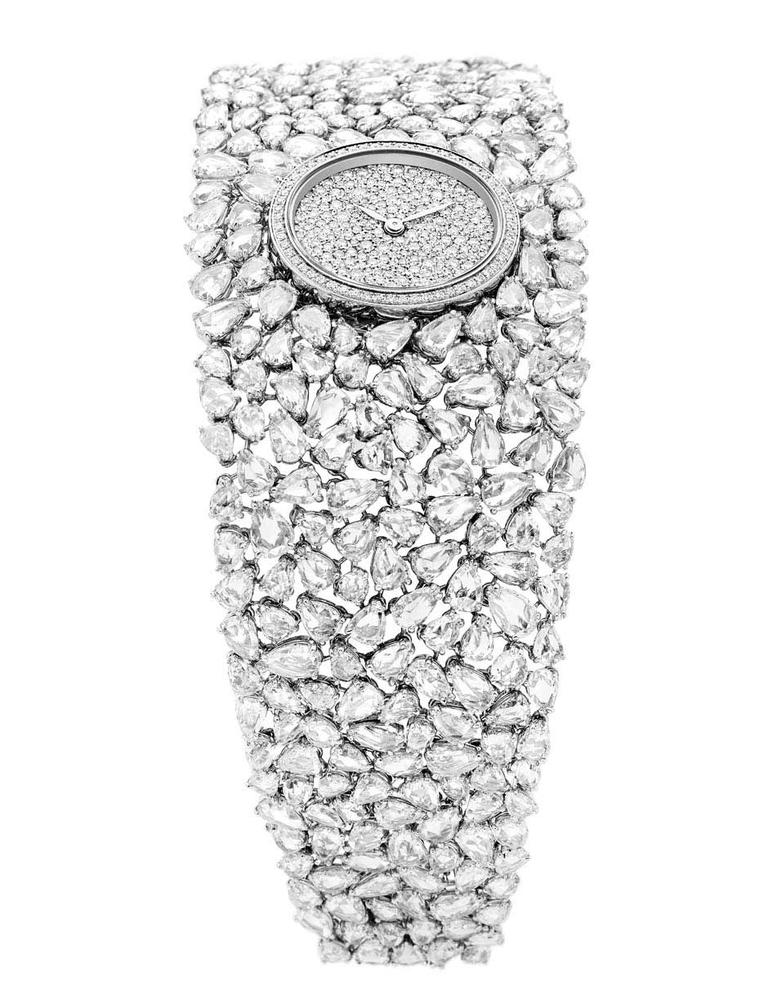 DeLaneau Grace Pear Diamonds jewellery watch in white gold, set with 351 pear-cut diamonds on the bracelet and a further 268 diamonds on the dial and case.