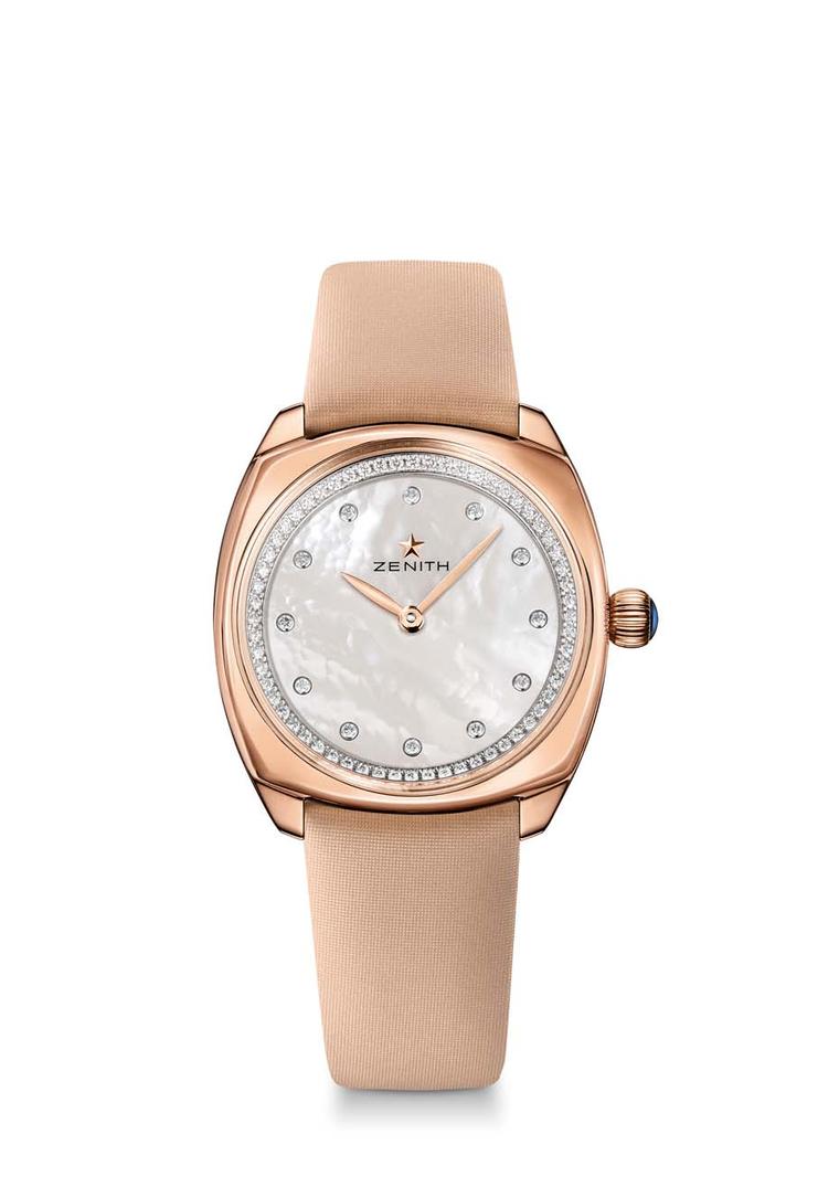 Perfect day wear: the 33mm Zenith Star watch in rose gold with a white mother-of-pearl dial set with diamond hour markers and an inner bezel adorned with 72 brilliant-cut diamonds.