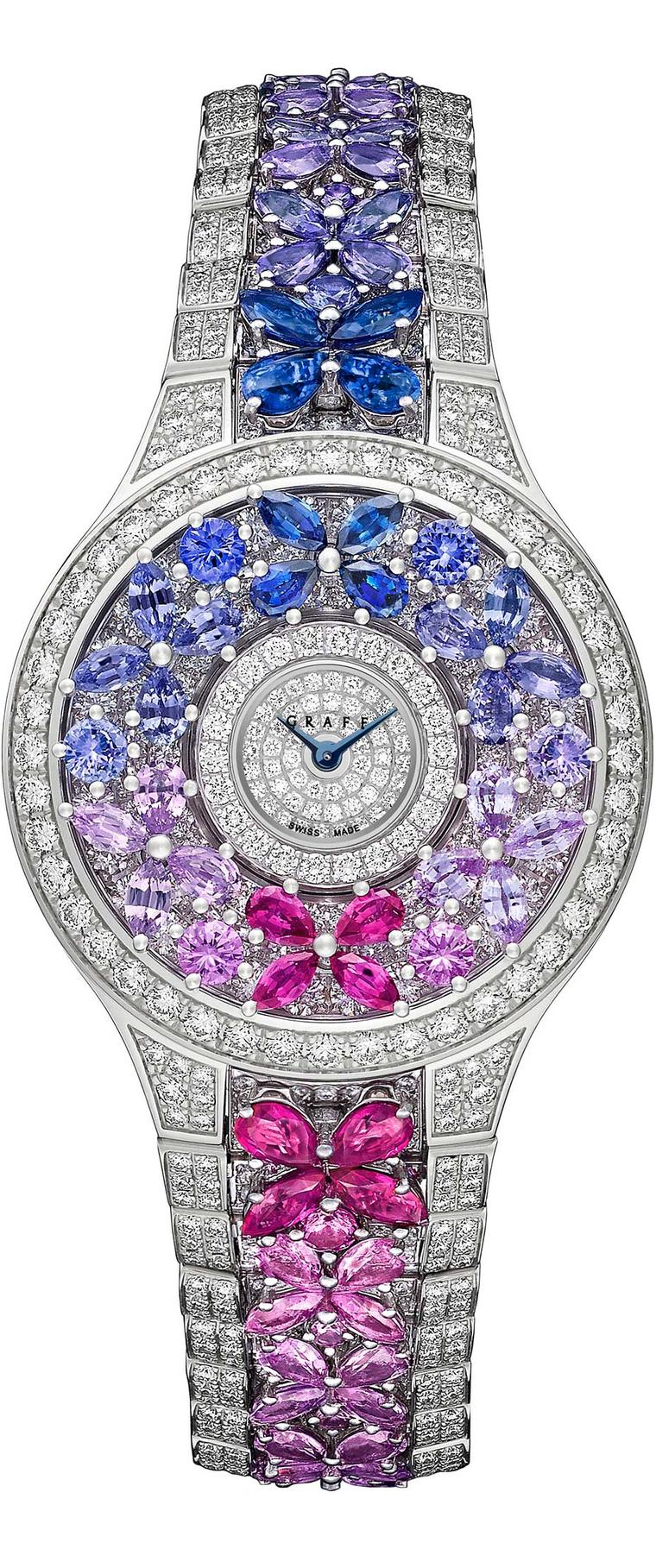 Graff Multi-Coloured Butterfly watch features an all-diamond design with richly coloured sapphires, rubies and emeralds.
