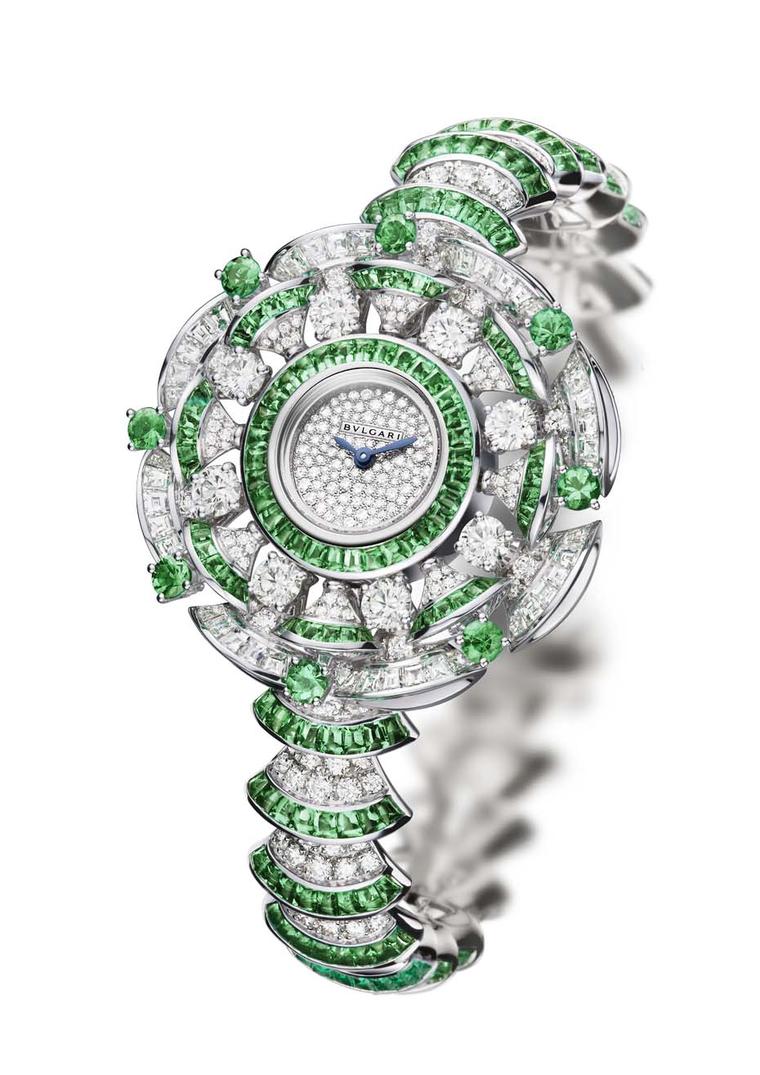 The newest version of the Bulgari Diva watch features a combination of diamonds and emeralds.