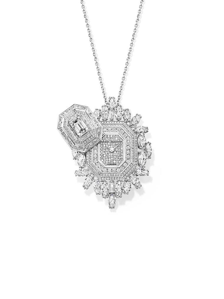 Harry Winston Ultimate Emerald Signature watch is a secret timepiece that doubles up as a pendant, brooch and wristwatch. The white gold case, shaped like an emerald-cut diamond, is covered with marquise, brilliant and baguette-cut diamonds including a 1.