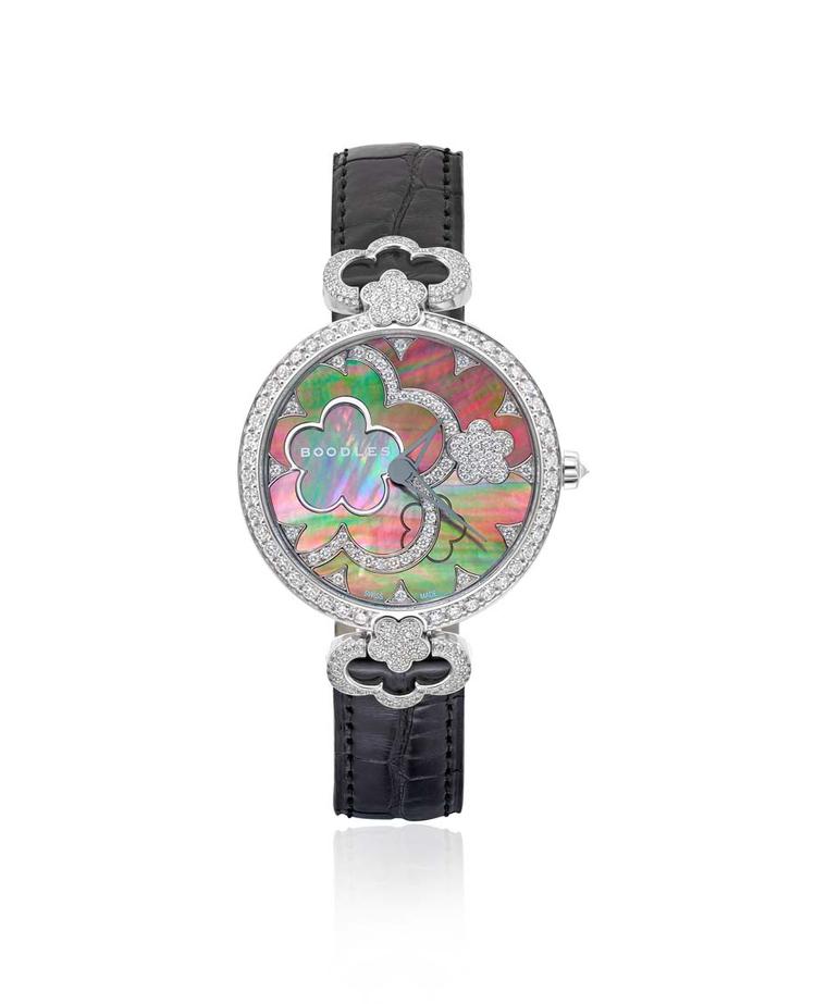 Boodles 37mm Blossom watch with a black mother-of-pearl dial and diamonds.