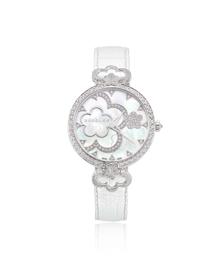 Boodles 37mm Blossom watch in white gold watch with a mother-of-pearl dial and diamonds.