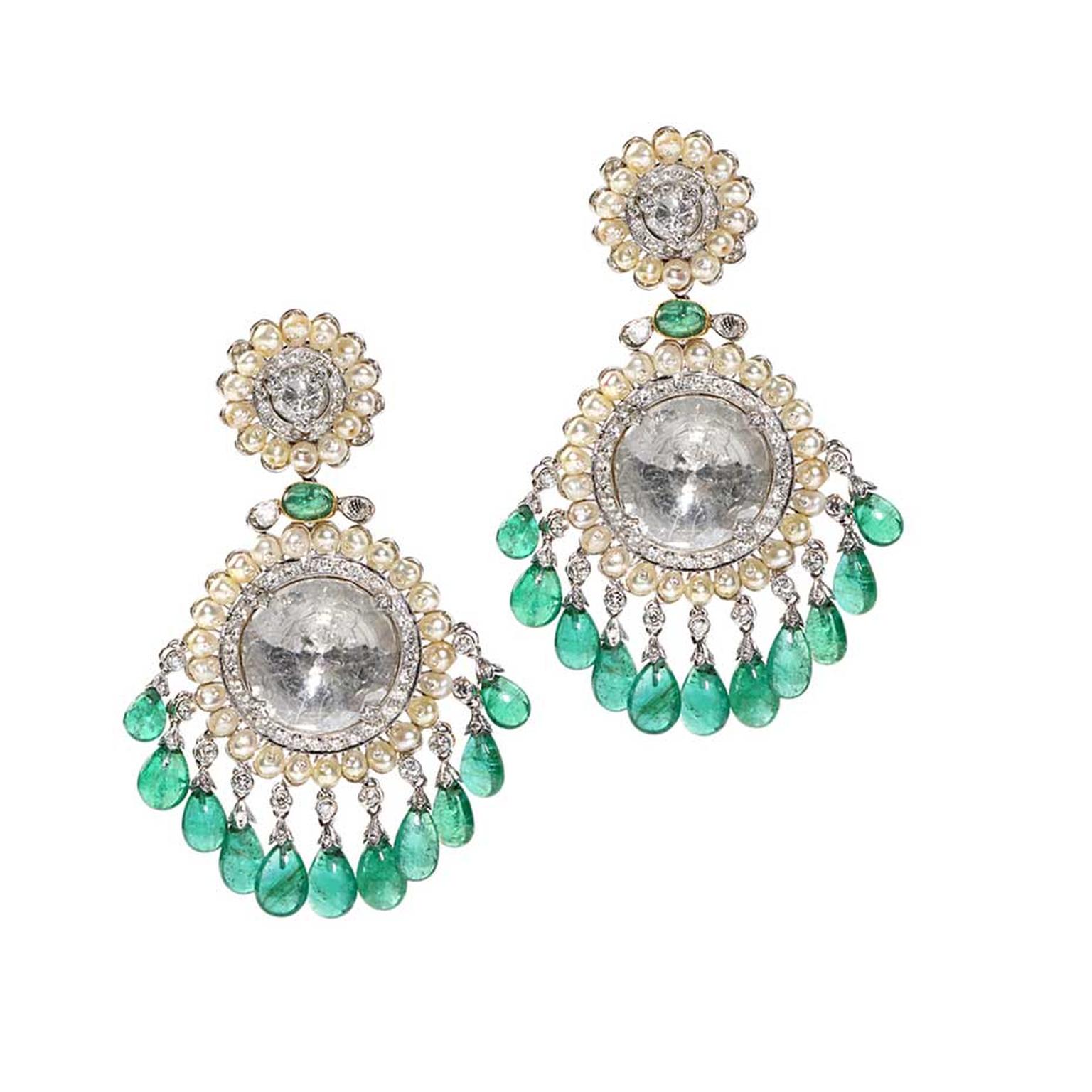 Golecha Chandelier earrings featuring emeralds, pearls and