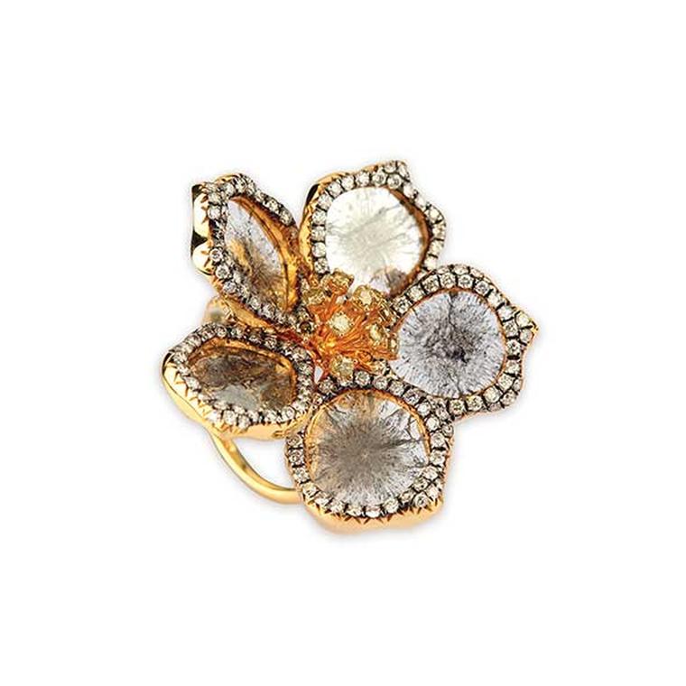 Golecha Floral cocktail ring with a combination of uncut and brilliant-cut diamonds.
