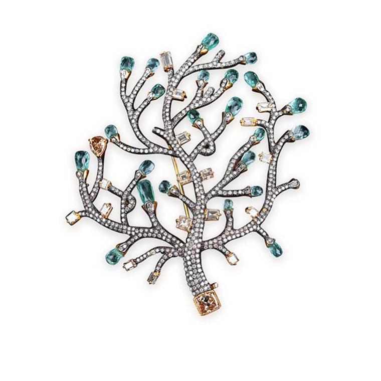 Golecha emerald and diamond Tree brooch.