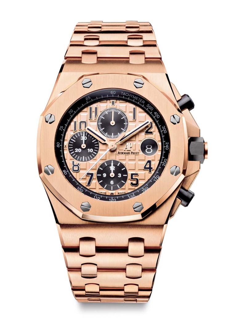 Audemars Piguet 42mm Royal Oak Offshore Chronograph featuring a pink gold case and bracelet.