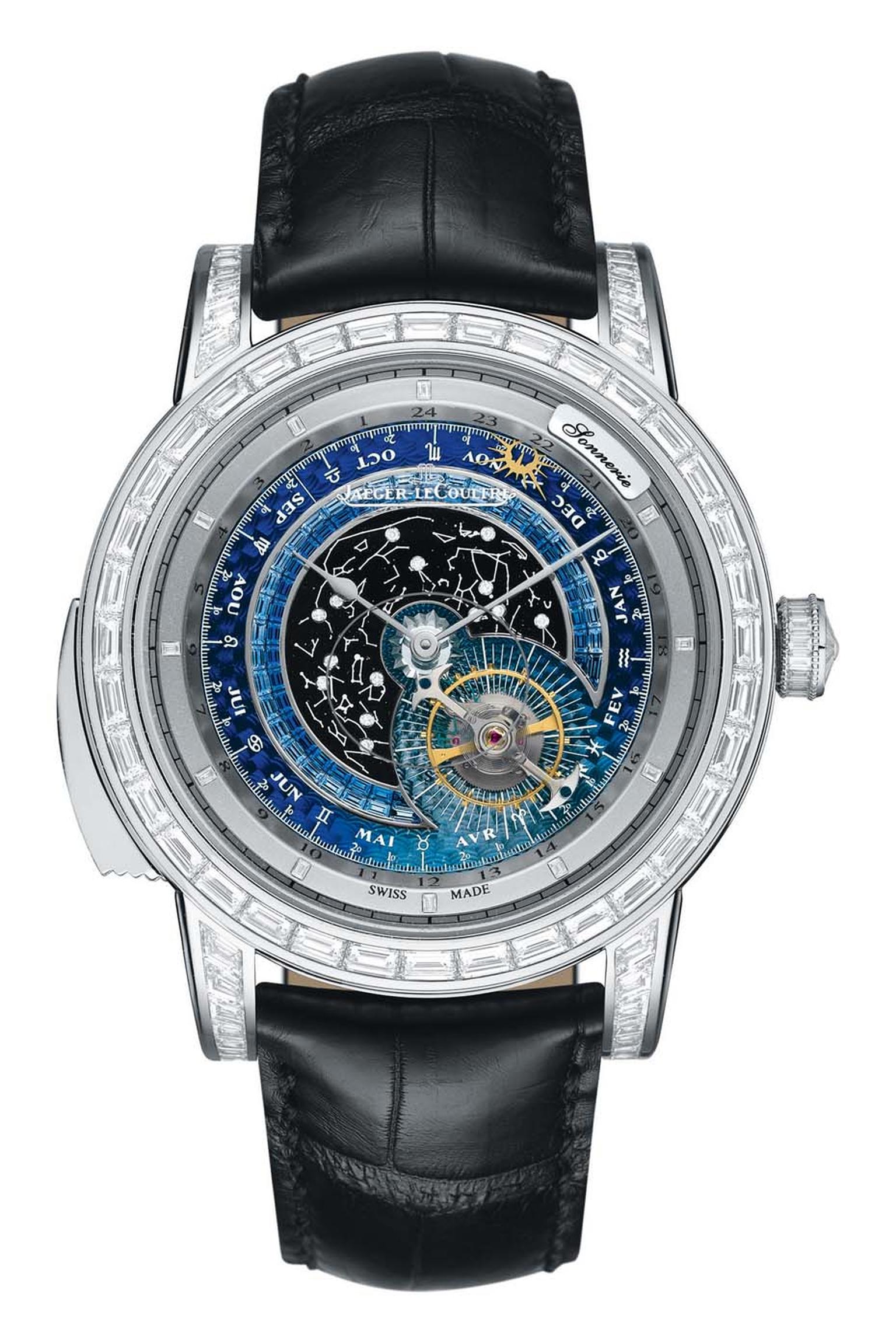 Jaeger-LeCoultre's Master Grande Tradition Grande Complication watch features three complications.  Reproducing the movements of the Earth relative to the Sun and stars, the guilloché dial represents a sky chart and zodiacal map.