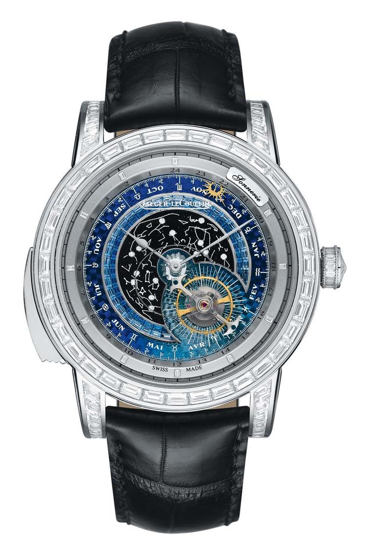 Jaeger-LeCoultre's Master Grande Tradition Grande Complication watch features three complications.  Reproducing the movements of the Earth relative to the Sun and stars, the guilloché dial represents a sky chart and zodiacal map.
