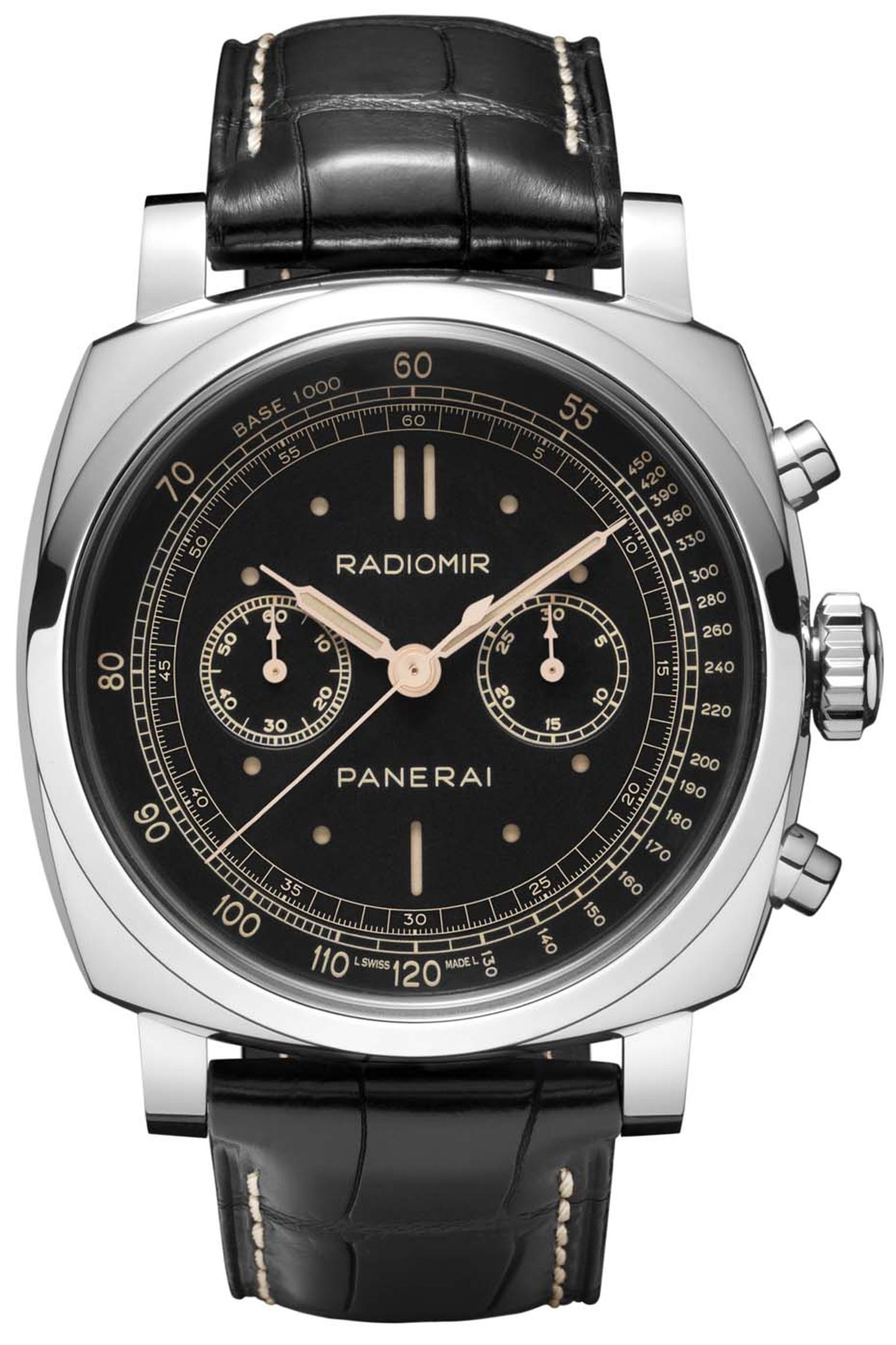 Panerai's 45mm Radiomir watch, a limited edition of 100, features a white gold cushion-shaped case with vintage touches.