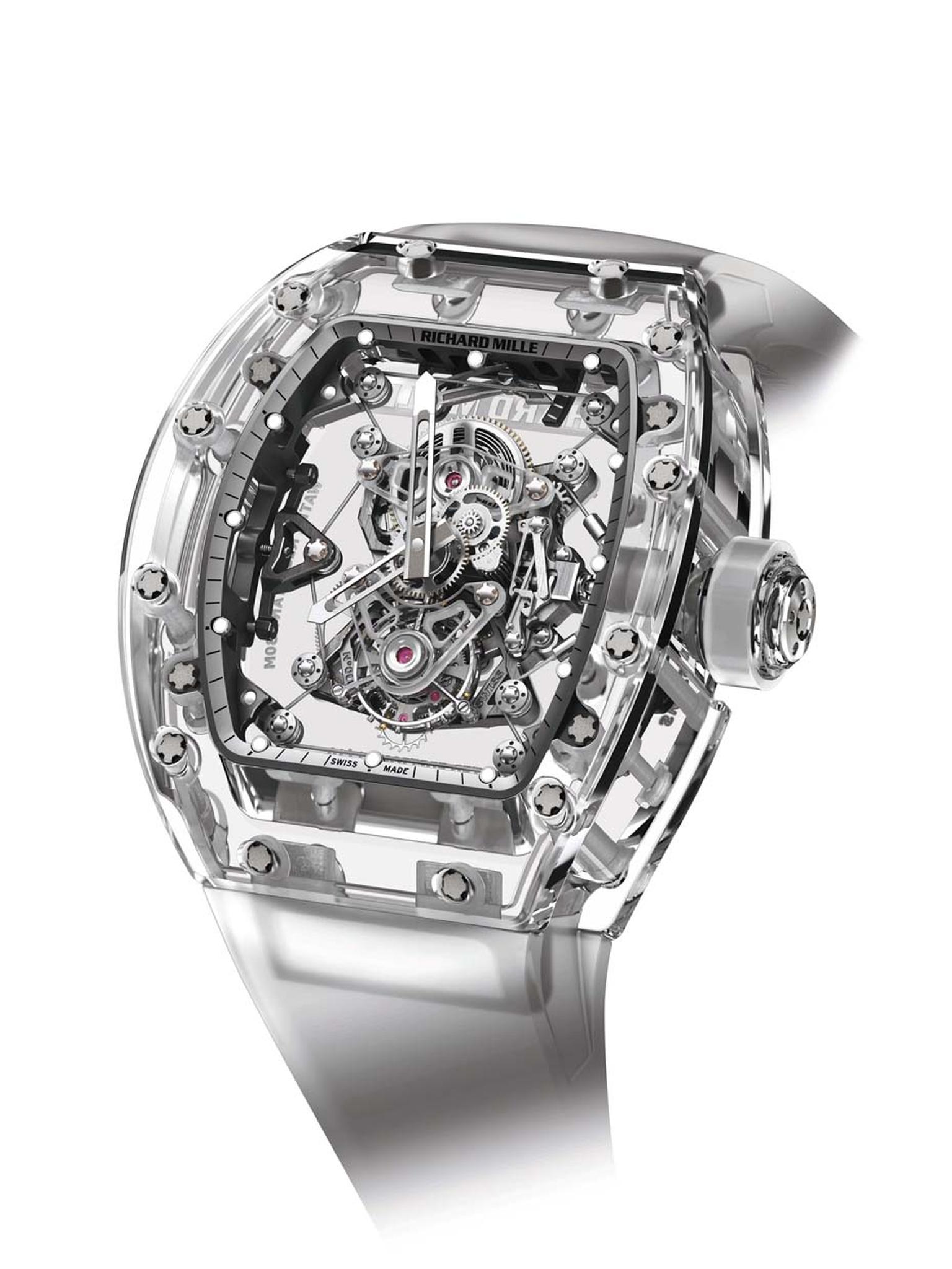 Richard Mille’s $2 million dollar RM56-02 Sapphire Tourbillon features a transparent case made from sapphire crystal so that every last screw is on view, including the cable-suspended movement featured in Rafael Nadal’s RM27-01 watch.