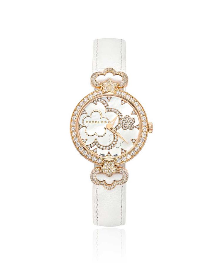 Boodles 28mm Blossom watch in rose gold with diamonds and a mother-of-pearl dial.