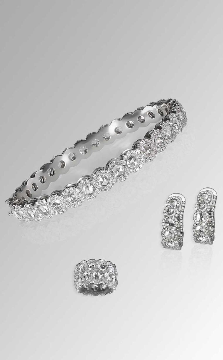 David Morris Rose-Cut collection diamond bangle, three-row eternity band and diamond hoop earrings with rose-cut diamonds, all set in white gold.