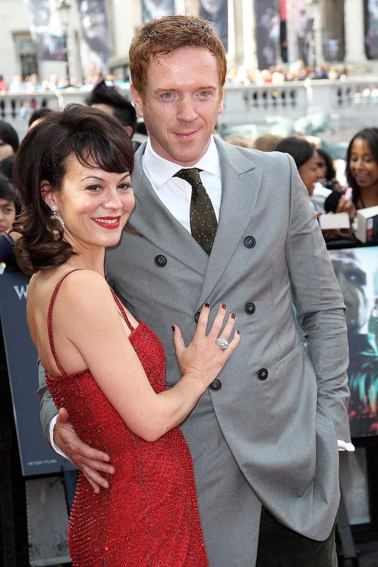 Helen McCrory wearing a David Morris Rose-Cut ring and earrings alongside husband Damian Lewis at the premiere of Harry Potter and the Deathly Hallows.