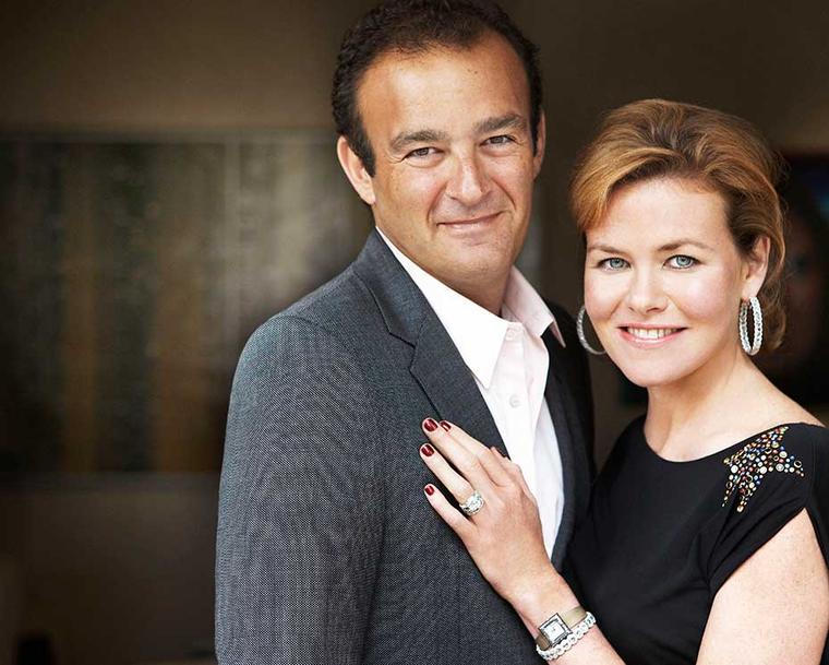 Jeremy and Erin Morris with Erin wearing her David Morris Rose-Cut wedding band, which inspired the Rose-Cut collection, Rose-Cut diamond hoop earrings and a Rose-Cut diamond bangle.