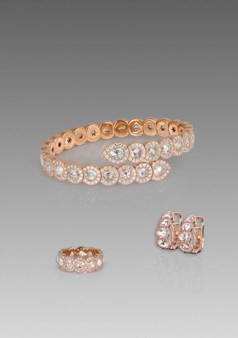 David Morris Rose-Cut collection sprung bangle, three-row eternity band and diamond hoop earrings with rose-cut diamonds, all set in rose gold.