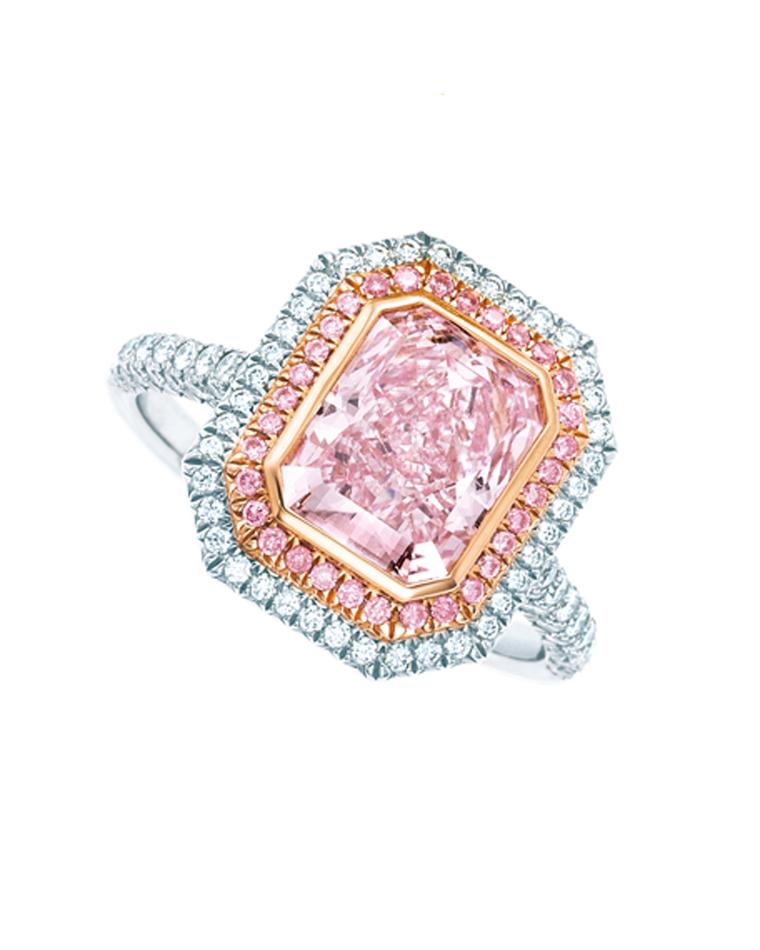 Tiffany & Co. ring in platinum and rose gold, set with a cushion mixed-cut fancy intense purplish pink diamond surrounded by white and pink brilliant-cut diamonds.