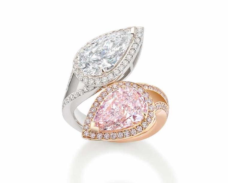 Boodles Gemini ring set with a natural light pink pear-shaped diamond, mirrored by a D colour white diamond.